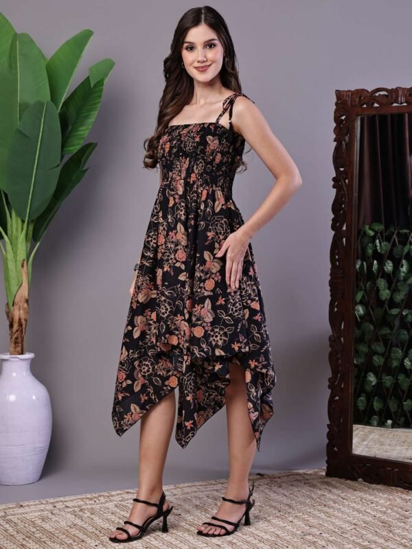 Women's Black Floral Printed Cotton Handkerchief Hem Dress Midi Dresses