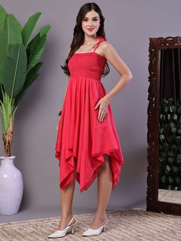 Women's Solid Red Cotton Handkerchief Hem Midi Dress Midi Dresses