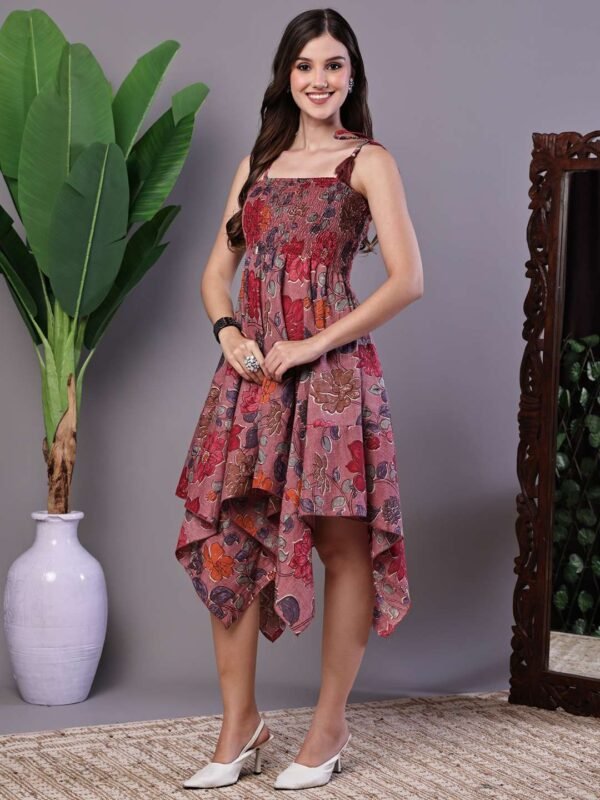 Women's Maroon Floral Printed Cotton Handkerchief Hem Midi Dress