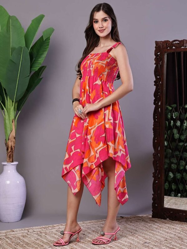 Women's Orange & Pink Printed Cotton Handkerchief Hem Dress Midi Dresses