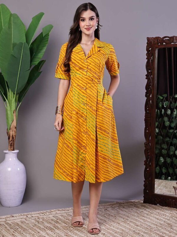 Women's Yellow Printed Cotton Shirt Dress